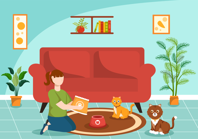 Girl is spending time with her pets  イラスト