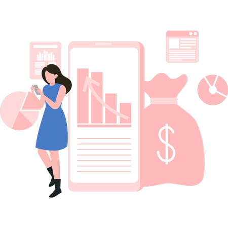 Girl is standing and checking the dollar graph on her mobile Illustration
