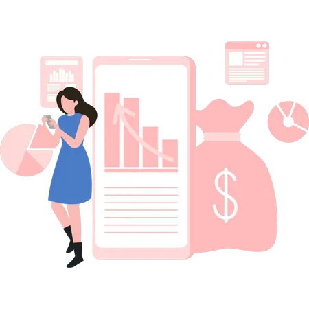 Girl is standing and checking the dollar graph on her mobile  Illustration