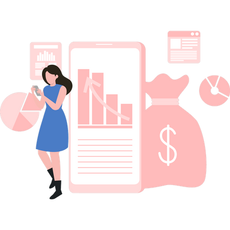 Girl is standing and checking the dollar graph on her mobile  Illustration