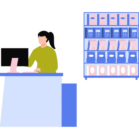 Girl is standing at cash counter  Illustration