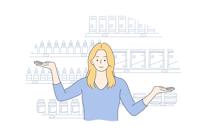 Girl is standing at pharmacy store  Illustration