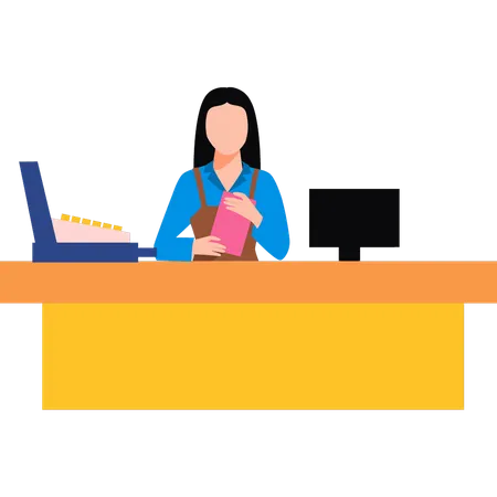 Girl is standing at the cash counter  Illustration
