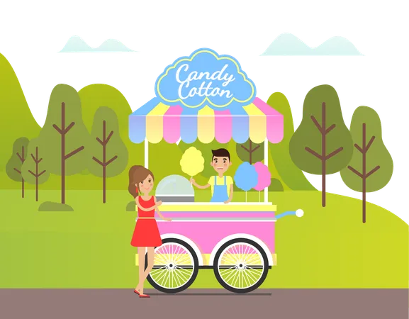 Girl is standing besides candy stall  Illustration