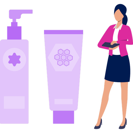 Girl is standing by lotion bottle  Illustration