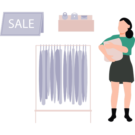 Girl is standing by the clothes rack  Illustration