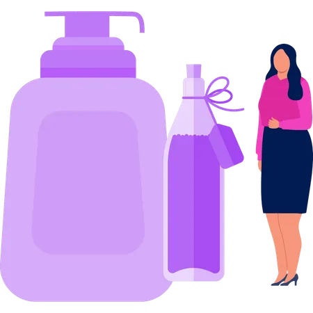 The Girl Is Standing By The Skincare Bottle Illustration