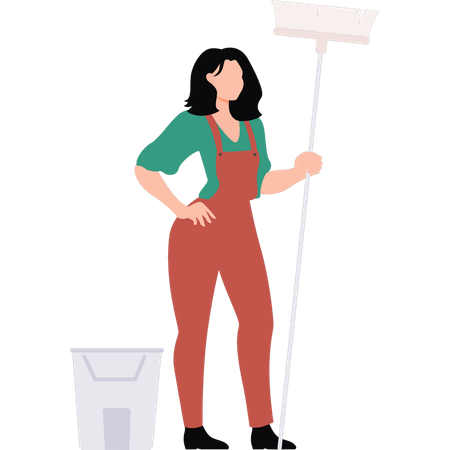 Girl is standing holding a cleaning brush  Illustration