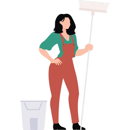 Girl is standing holding a cleaning brush  Illustration
