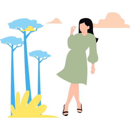 Girl is standing in a pose in the park  イラスト