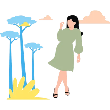 The Girl Is Standing In A Pose In The Park Illustration