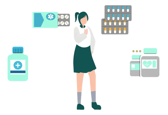 Girl Is Standing In Pharmacy  Illustration