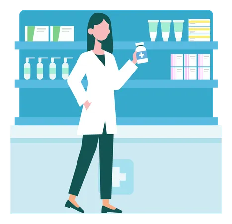Girl Is Standing In Pharmacy  Illustration