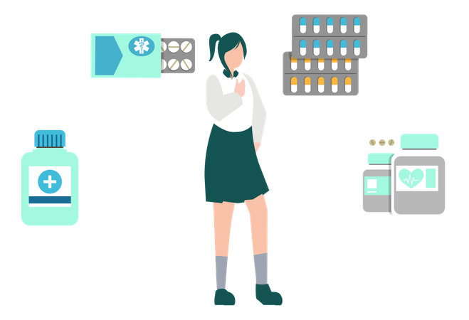 Girl Is Standing In Pharmacy  Illustration