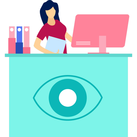 Girl is standing in the reception of eye clinic  Illustration