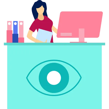 Girl is standing in the reception of eye clinic  Illustration