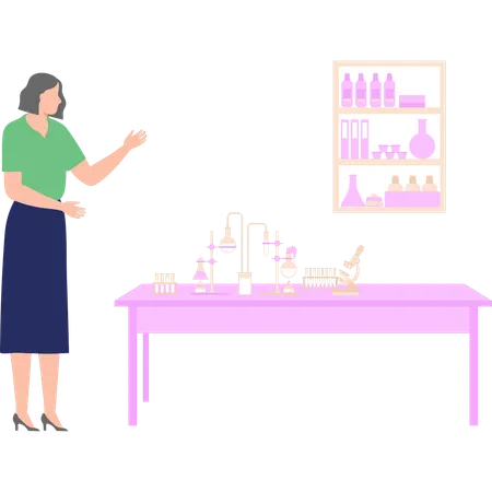 Girl is standing in the science lab  Illustration