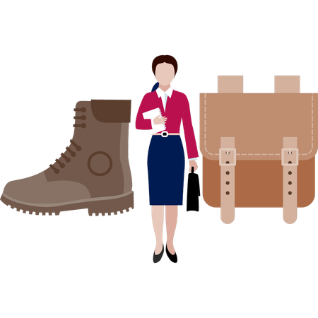 Girl is standing near bag and shoes  Illustration