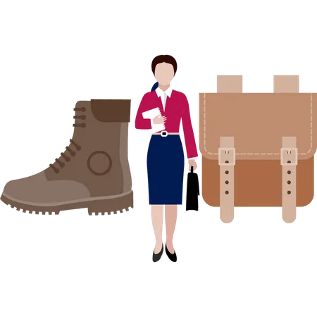 Girl is standing near bag and shoes  Illustration