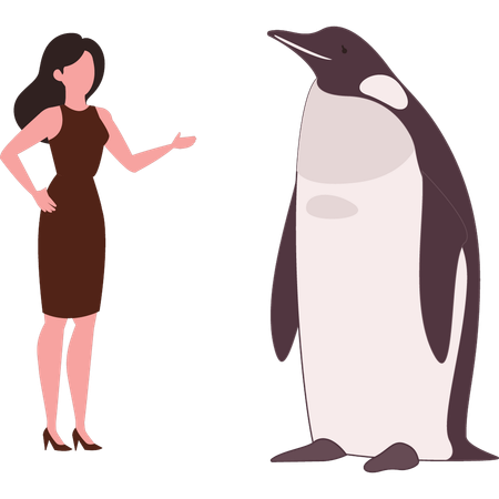 Girl is standing near penguin  Illustration