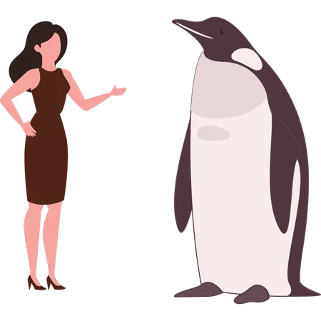 Girl is standing near penguin  Illustration