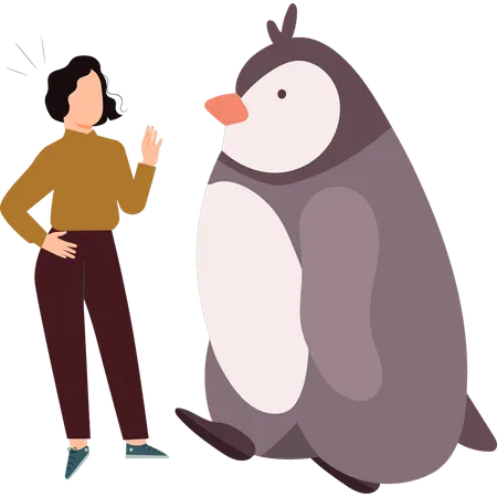 Girl Is Standing Near Penguin Illustration