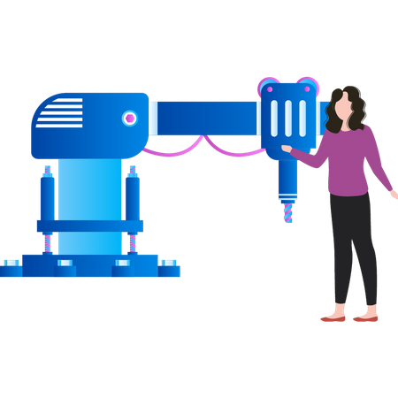 Girl is standing near production machine  Illustration