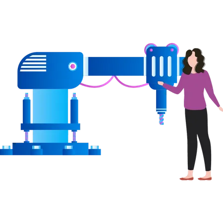 Girl is standing near production machine  Illustration