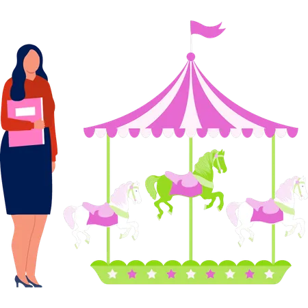 Girl is standing near the horse cyclone swing  Illustration