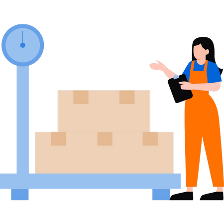 Girl is standing near the logistics weight scale  Illustration
