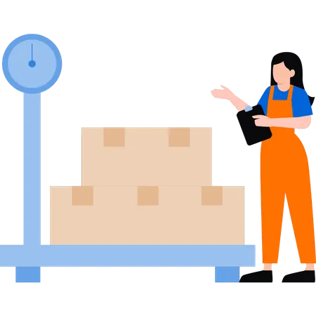 Girl is standing near the logistics weight scale  Illustration