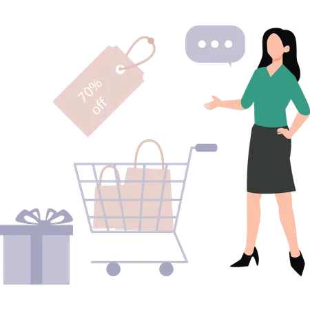 Girl is standing near the shopping trolley  Illustration