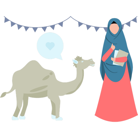 Girl is standing next to a camel  イラスト