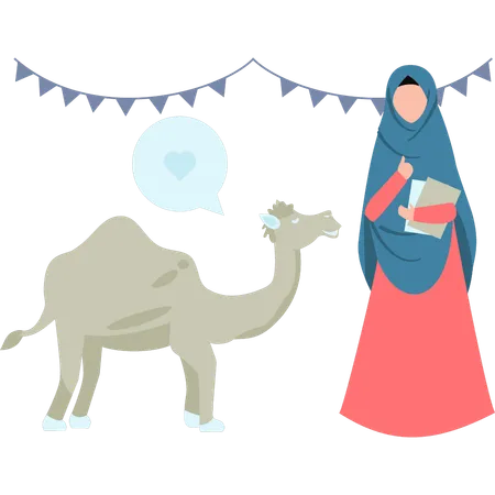 A Girl Is Standing Next To A Camel Illustration