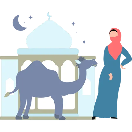 Girl is standing next to a camel  Illustration