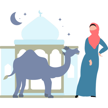 Girl is standing next to a camel  Illustration