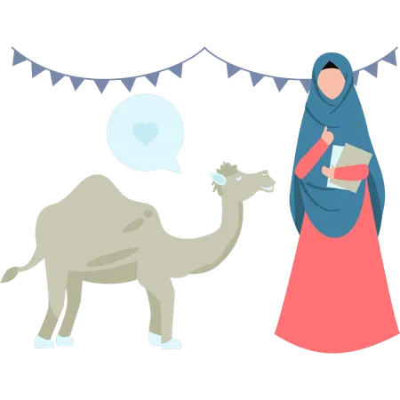 Girl is standing next to a camel  Illustration