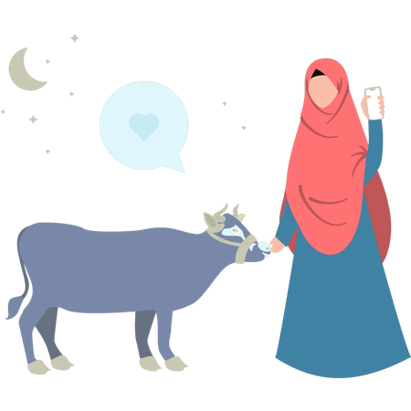 Girl is standing next to a cow  Illustration