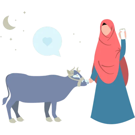 A Girl Is Standing Next To A Cow Illustration