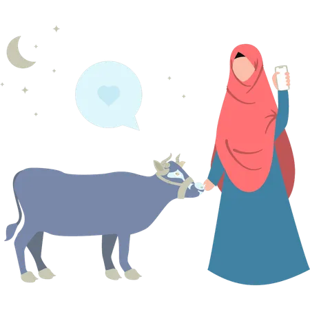 Girl is standing next to a cow  Illustration