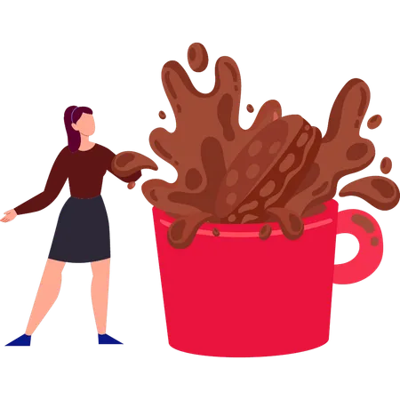 Girl is standing next to a mug of chocolate  일러스트레이션