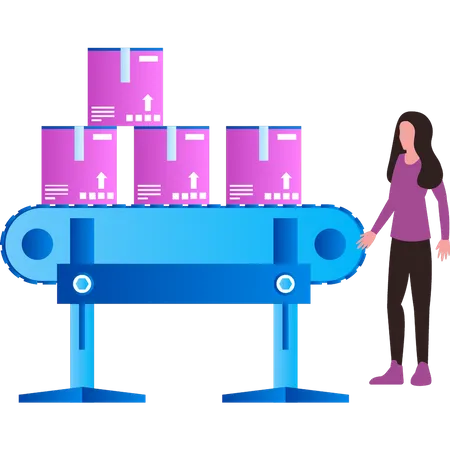 A Girl Is Standing Next To A Package Conveyor Illustration