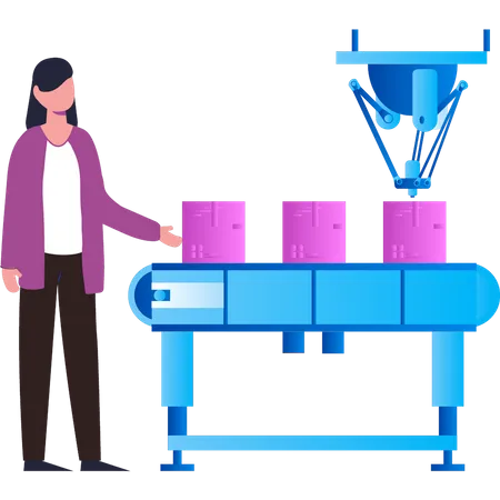 Girl is standing next to a package conveyor  Illustration