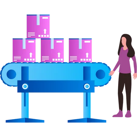 Girl is standing next to a package conveyor  Illustration