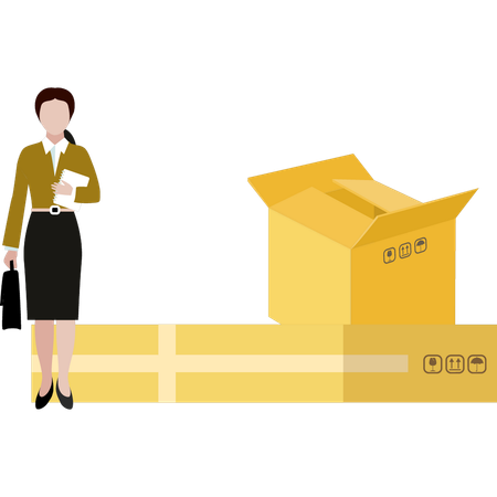 Girl is standing next to an empty cardboard box  Illustration
