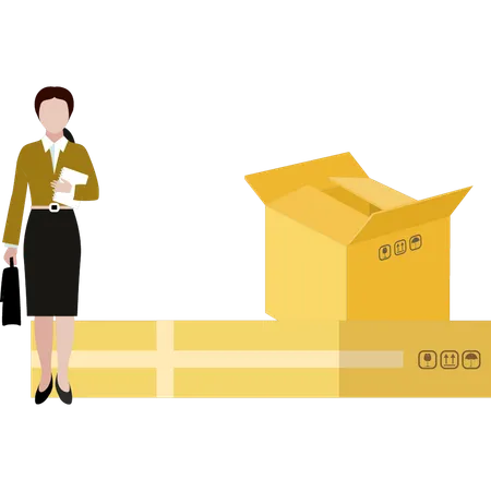 Girl is standing next to an empty cardboard box  Illustration