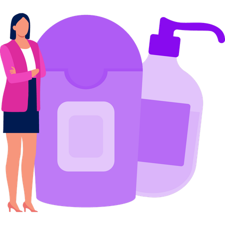 Girl is standing next to different cosmetic bottle  Illustration