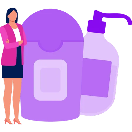 The Girl Is Standing Next To Different Cosmetic Bottle Illustration