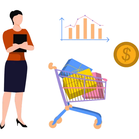Girl is standing next to shopping trolley  Illustration