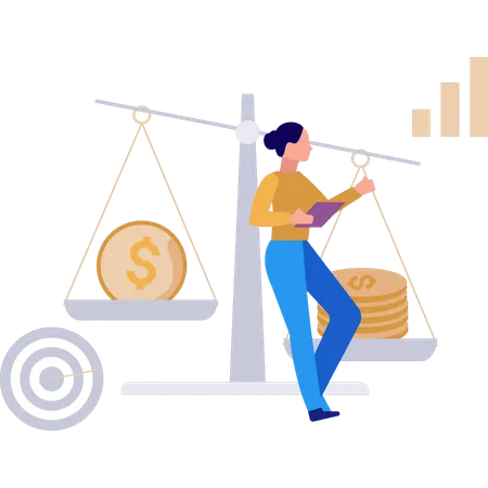 Girl is standing next to the balance scale  Illustration